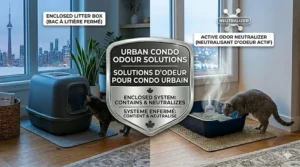 Illustration showing litter tracking and dust dispersal differences between open and covered box designs.