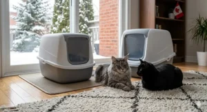A fluffy gray cat stepping onto pristine hardwood floors in a sunlit Canadian living room with snow outside, demonstrating how low-tracking clumping cat litter keeps a home clean.