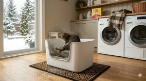 Illustration of a cat kicking litter against the tall walls of a high-sided litter box, keeping the floor clean.