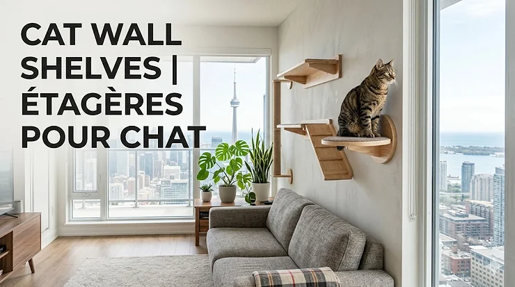 A modern cat wall shelves installation in a bright Toronto condo with a tabby cat lounging near a window.