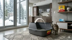 Stylized illustration of a charcoal-grey high-sided litter box blending into a contemporary Toronto-style condo interior.