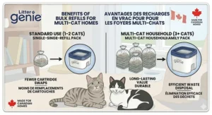A busy Canadian household with multiple cats benefiting from bulk refill packs. Gestion de la litière pour plusieurs chats dans un foyer canadien.