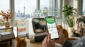 Two cats waiting to use a large self-cleaning litter box in a cozy suburban Canadian home with autumn and snow views. Deux chats utilisant une grande litière autonettoyante dans une maison canadienne.