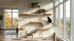 A multi-level cat wall shelves circuit with bridges and steps for active indoor cats in Canada.