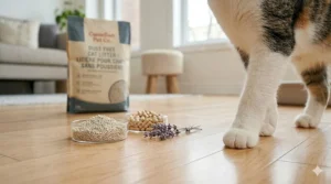 Natural, fragrance-free ingredients of a high-performance dust-free clumping litter suitable for sensitive Canadian cats.