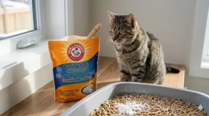 A box of baking soda next to a litter tray, a simple Canadian household hack to eliminate litter box odor completely.