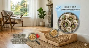 An illustration of natural fibers trapping odors in a clean, fresh-smelling Canadian household.