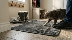 Illustration highlighting the non-slip rubber backing of a litter trapping mat on a tiled Canadian mudroom floor.