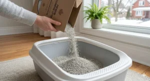 Illustration showing how clumping cat litter traps odors instantly to keep Canadian apartments smelling fresh.