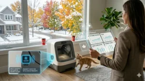 An illustration of proximity safety sensors on a self-cleaning litter box, protecting a kitten in a Canadian home with autumn and snow views. Capteurs de sécurité sur un bac à litière autonettoyant pour protéger les chatons.