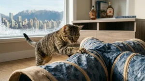 A cat scratching the durable, scratch-resistant fabric of a crinkle cat tunnel in an indoor setting.