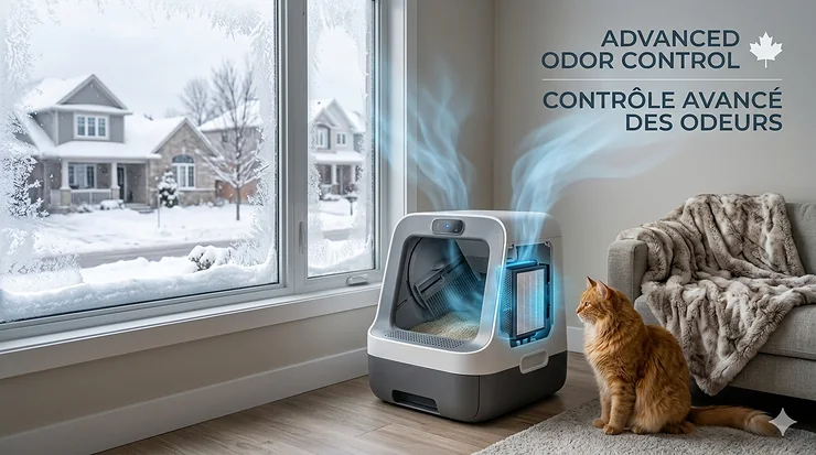 An illustration showing advanced odor control technology for a self-cleaning litter box, essential for fresh indoor air during Canadian winters. Une illustration montrant la technologie avancée de contrôle des odeurs pour un bac à litière autonettoyant, essentielle pour l'air frais à l'intérieur pendant les hivers canadiens.