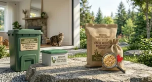 An icon-style illustration indicating that natural biodegradable cat litter is safe for Canadian septic systems.
