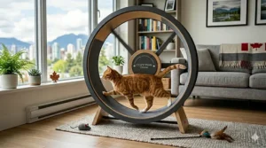 Close-up technical view of a silent cat wheel hub showing the wood grain, non-slip running surface, and pinch-free safety design call-outs in English and French.