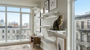 Sleek, white designer cat wall shelves that blend seamlessly with contemporary Montreal interior design styles.
