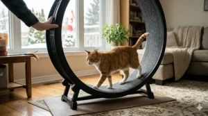 A cat taking its first slow steps on a wheel while the owner provides stability and encouragement.