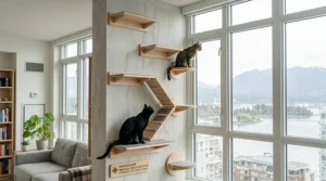 Vertical cat wall shelves layout optimized for small Vancouver apartment living to maximize feline play space.