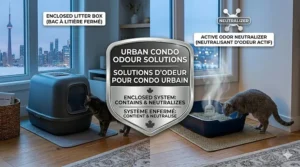 Illustration of an enclosed litter box for odor containment in a small Canadian apartment or condo.