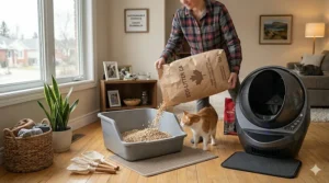 A stylish, compact manual litter box tucked into a small Vancouver apartment bathroom.