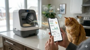 A person in a Canadian kitchen using a mobile app to monitor their smart self-cleaning litter box. Application mobile pour surveiller une litière autonettoyante intelligente au Canada.