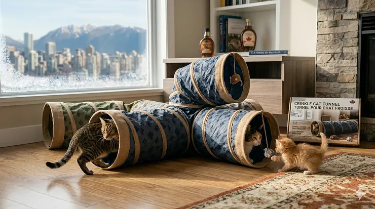 A space-saving crinkle cat tunnel folded flat for easy storage in a modern Vancouver apartment condo.