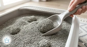 A high-resolution, photorealistic close-up of natural clumping cat litter made from sustainable clay and plant fibers, featuring a 'MADE IN CANADA' / 'FABRIQUÉ AU CANADA' badge, in a sunlit home.