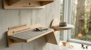 Eco-friendly cat wall shelves made from sustainable Canadian maple wood with a non-toxic finish.