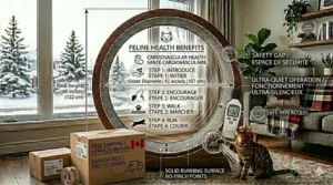 Illustration of a cat exercise wheel made from sustainable wood, appealing to eco-conscious Canadian consumers.