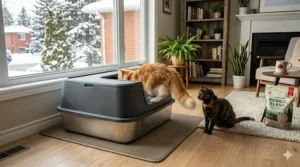 Illustration of a top-entry extra large litter box for multiple cats showing ease of access for larger breeds like Maine Coons.