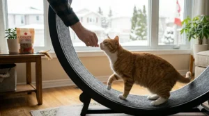 A Canadian pet owner using local salmon treats to lure a cat onto the base of an exercise wheel.
