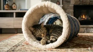 A sleepy cat resting inside a plush-lined crinkle cat tunnel near a fireplace during a Canadian winter.