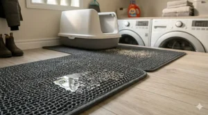 Illustration of a waterproof litter trapping mat protecting hardwood floors from moisture and tracked-in debris.