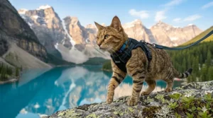 Adventure cat tethered to a campsite setup in British Columbia wearing a durable, padded escape proof cat harness.