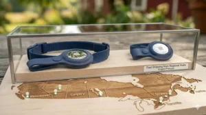 A photorealistic 4K graphic showing the scene from image_4.png from a slightly elevated, detailed macro perspective. The central focus is the navy blue silicone AirTag holder and the embedded AirTag. A complex, high-resolution infographic-style cross-section view of the collar holder is displayed. Fine, multi-layered lines with colored zones illustrate the physical forces and safety mechanisms. Clear labels and text are in fine white and light blue fonts, organized in callout boxes. The text reads: 'Breakaway Safety and Security', 'Dual-Layer Silicone for AirTag Retention (0.8mm & 1.2mm thicknesses)', 'Secure-Snap Button (tested up to 50N)', 'Flexible Attachment Tab (accommodates 10-15mm collars)', 'Impact-Absorption Zones', 'Reinforced Nylon Collar Band', 'Safety Breakaway Buckle Point'. The weathered wood background and blurred red barn are visible but pushed back. A small legend with tiny icons explaining the force vectors is present.