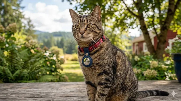 A photorealistic, highly detailed 4K featured image, captured in natural daylight, showing a domestic tabby cat wearing a specific midnight blue silicone AirTag cat collar holder. The cat wears a durable, woven red plaid collar with reflective stitching, visible against its chest. Affixed securely to the collar is a sleek, midnight blue silicone case, perfectly designed to hold an Apple AirTag, which is clearly visible within the holder's circular opening. A subtle 'AirTag' logo is faintly recognizable on the device. The cat's whiskers are prominent, and its green-gold eyes look directly towards the camera, slightly to the left, capturing soft reflections of the sky and surroundings. The background is a gently blurred Canadian garden, typical of British Columbia, with lush green ferns, flowering hydrangeas, and soft, dappled sunlight filtering through mature maple trees, creating a warm, natural atmosphere.