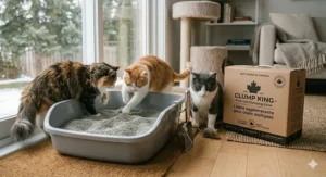 Three happy cats sharing a clean space thanks to the best rated multi-cat clumping litter available in Canada.