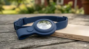 A hyper-photorealistic 4K image, highly detailed and with natural light, showing the AirTag cat collar holder from image_2.png in a new scenario. The scene is set on the same textured, weathered wooden plank surface. The navy blue silicone holder, complete with the snap-button tab, is seen in close-up, attached to a section of a generic, unbranded matching navy blue nylon webbing strap (similar to the material in image_2.png, but shown as part of an unbuckled collar). The silver Apple AirTag is nestled securely inside the holder, its reflective surface showing complex, micro-legible text patterns (the serial numbers, model information, and legal text from image_2.png are clearly rendered). To the side, on a slightly smaller, pristine piece of untreated birch wood, is a very small, intricate laser-engraving of the text 'English / Français', followed by 'Pet Tracker Accessory / Accessoire pour traceur d'animaux'.