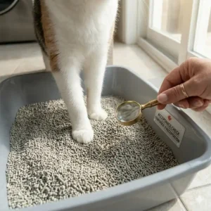 A macro photograph of the bilingual English and French packaging from Canadian cat litter brands, emphasizing local product identification.