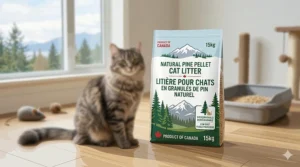 A high-resolution, photorealistic studio photograph of a 15kg bag of Canadian-made pine pellet cat litter, standing on a wood floor, featuring clear bilingual packaging (English and French) under natural light, with loose pine pellets and a pine branch, derived from `image_10.png`.