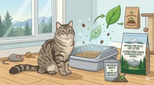 A charming vector illustration highlighting the eco-friendly aspects of pine pellet litter, showing a clean litter zone transforming into a large green leaf with a recycle symbol and the bilingual text 'BIODEGRADABLE / COMPOSTABLE' for the Canadian market.