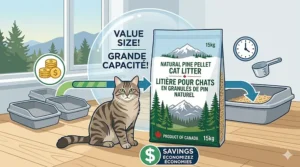 A 4K photorealistic photograph derived from image_16.png, featuring the same calico cat comfortably settled inside a litter box, which is now completely filled with fresh, clean pine pellets. The cat looks supremely relaxed and curled up. In the background, the open-top bilingual litter bag stands. The original pine branch and pinecone are present on the wood floor, and the Canadian Rocky Mountains are visible through the large window under natural daylight.