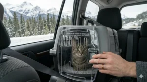 A hard sided cat carrier for nervous cats securely seatbelted in a car during a winter drive in Ontario, Canada.