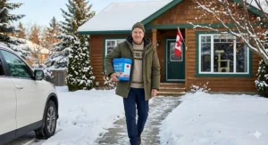 A senior easily carrying a small box of lightweight cat litter from their car into a snowy Canadian home, avoiding strain on icy walkways.