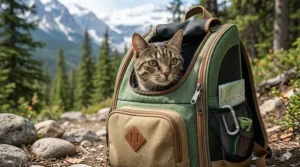 Bilingual diagram (English and French) of a premium cat backpack carrier, pointing to key features like reinforced breathable mesh, internal safety leash, and expanded padded back support (sac à dos pour chat bilingue).