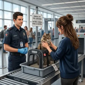 A 4K photorealistic sequential illustration detailing a pet owner safely removing the tabby cat from the specific black airline approved cat carrier for a CATSA screening officer, in compliance with Canadian airport security procedures. The final step shows the empty carrier placed in a screening bin.