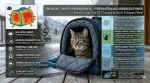 A winter emergency preparedness kit for pets featuring a heavy-duty insulated cat carrier, blankets, and travel essentials for Canadian weather.
