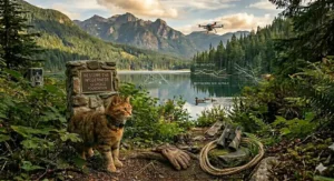 Detailed 4K telemetry dashboard visual displaying a domestic cat's tracking history graphs, satellite mapping, and real-time location metrics next to outdoor gear.