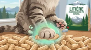 A photorealistic 4K detailed photograph of a calico cat sitting near a rustic wooden bowl of pine pellets. One soft front paw gently touches the clean pellets, emphasizing comfort. In the softly blurred background, the room from image_12.png is visible, with the mountain graphic and bilingual text of the 15kg litter bag, the pine branch, and the pinecone, under natural daylight.