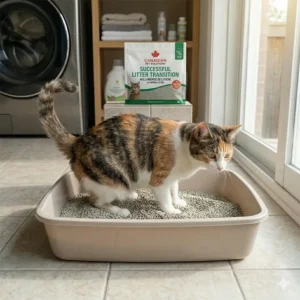 A calico cat comfortably uses a clean, modern litter box in a Canadian home, showing the successful final stage of a litter type transition.