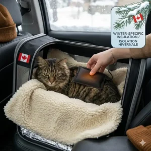 A 4K photorealistic sequential illustration showing a step-by-step process of collapsing the specific black soft-sided airline approved cat carrier into a flat, thin rectangle, with bilingual labels and checkmarks indicating successful space-saving storage in a modern Canadian condo drawer.
